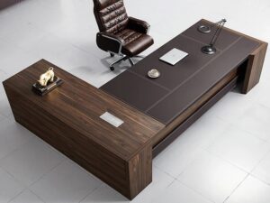 Modern office desk with leather top in rich brown color with side table for director