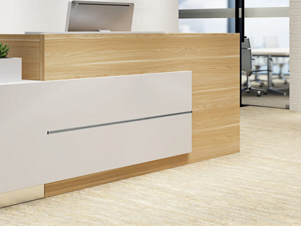 elegant and stylish rectangular office reception desk in natural oak color for lobby area