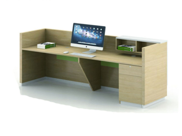 reception desk with cabinets and drawers in natural oak color