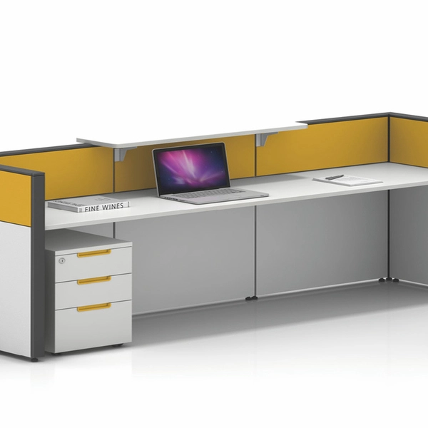 modern reception desk in white and yellow color with drawers cabinet for 2 person