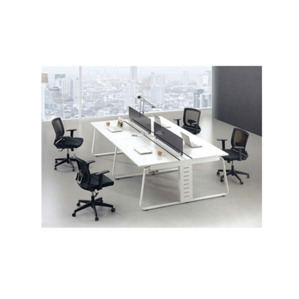 open style office workstation desk in piano white color with glass partition for 4 person