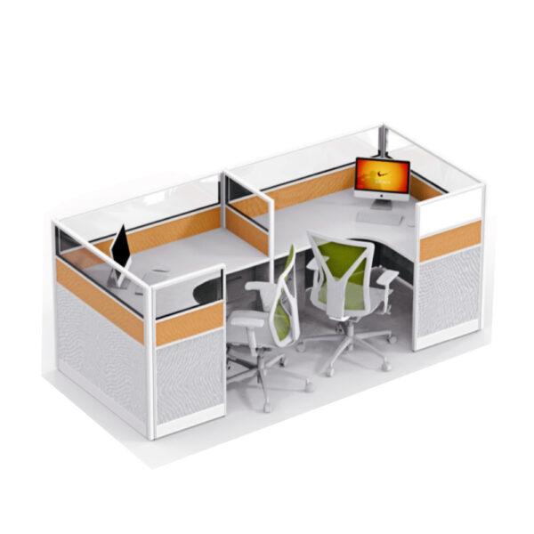 cubicle office workstation desk with partition in white and orange color for 2 person