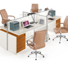 minimal design 4 seater office workstation desk with locker system drawer in piano white and oak color