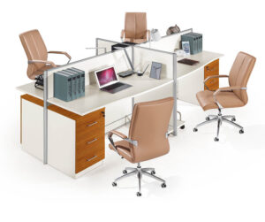 minimal design 4 seater office workstation desk with locker system drawer in piano white and oak color
