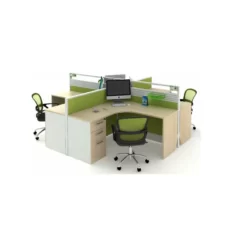cubicle shape office workstation desk with 3 drawers in natural white oak color and light green color panel for 4 person