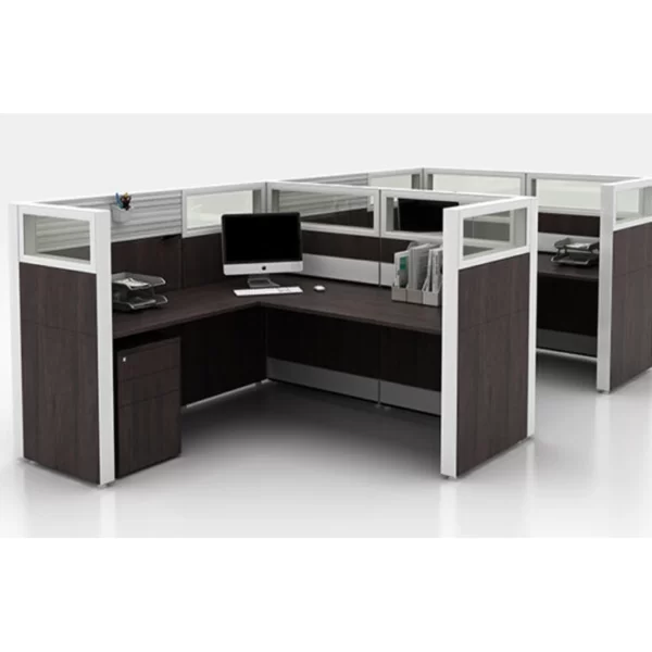 L shape executive office table for 2 person in dark coffee color