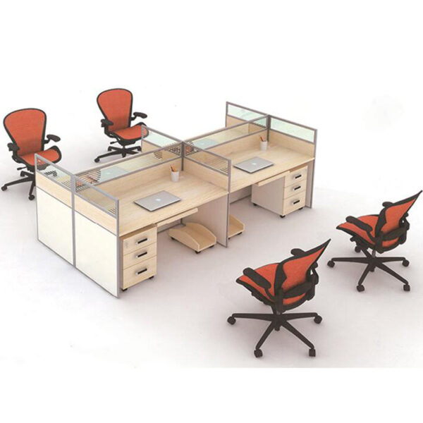 I shape 4 seater office desk in natural maple color