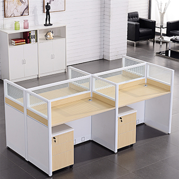 I shape 4 seater office desk in natural white oak and white color