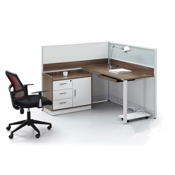 L shape office workstation with drawers and cabinet and movable CPU tray in piano white and brown color for single person