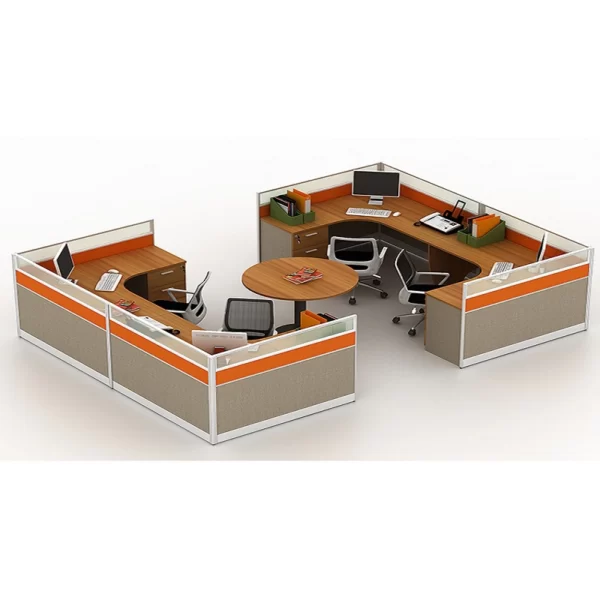 cubicle shape office workstation with round discussion table in red oak color