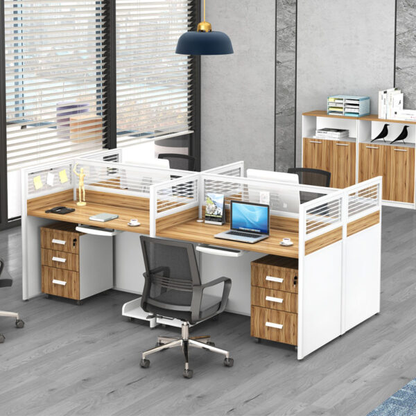 I shape 4 seater office desk in white and natural oak color