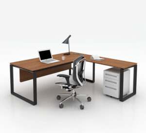 L shape office table with drawer cabinet in oak patch color for manager