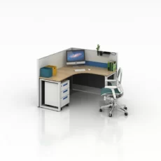 L shape office workstation with mobile cabinet in natural white oak color and white color for single person