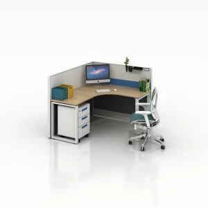 L shape office workstation with mobile cabinet in natural white oak color and white color for single person