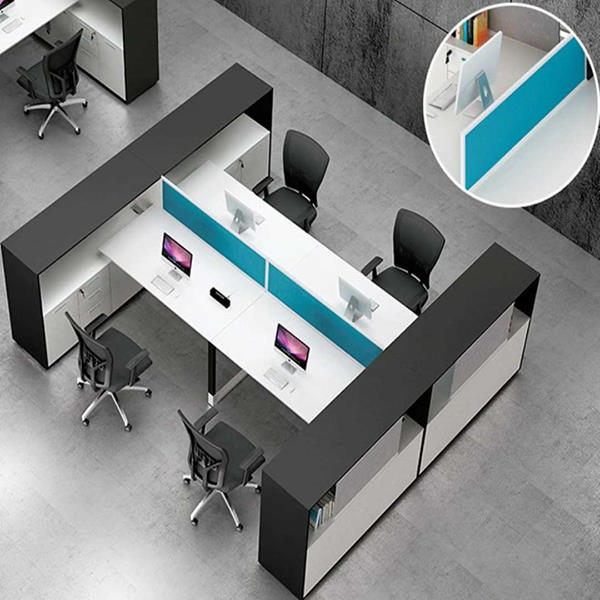 4 seater office workstation desk with cabinet and drawers in black and white color
