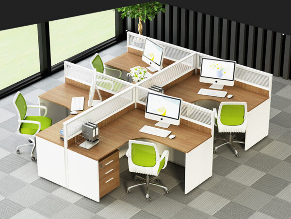 L shape office workstation with partition in brown oak and white color