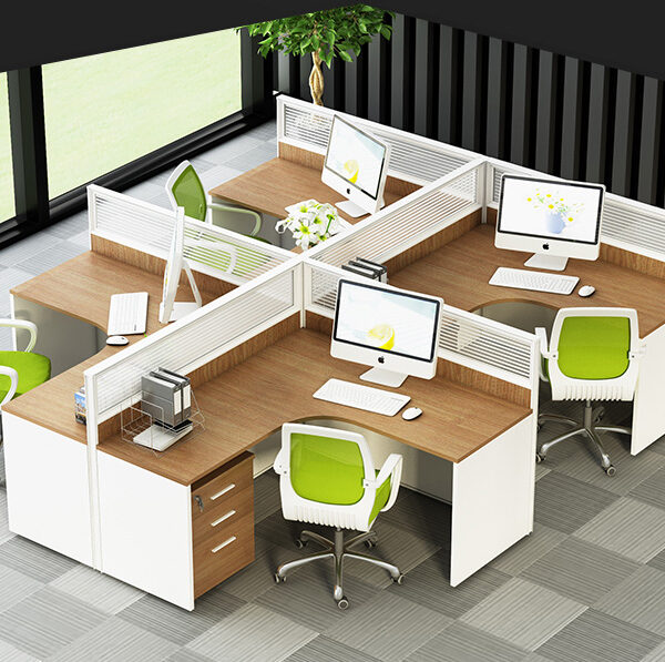 L shape office workstation with partition in brown oak and white color