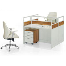 2 seater face to face office workstation with aluminium section and mobile cabinet and CPU tray in brown oak and piano white color