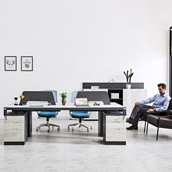4 seater office workstation desk with acrylic partition in black and white color
