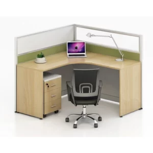 cubicle shape office workstation desk with mobile cabinet in natural white oak and light green color for single person
