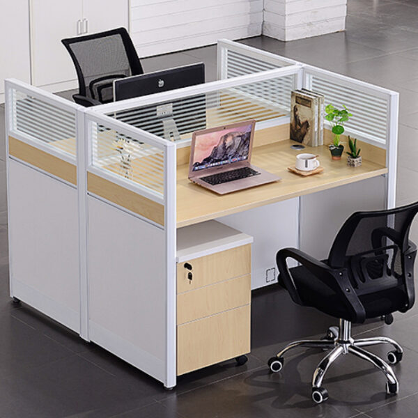 2 seater face to face office workstation with aluminium section and mobile cabinet and CPU tray in natural white oak and piano white color