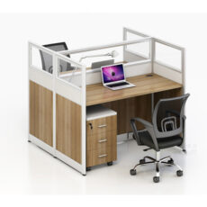 2 seater face to face office workstation with aluminium section and glass partition and mobile cabinet and CPU tray in natural oak and white color