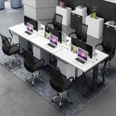 I shape modern office workstation desk for 6 person in black and white color