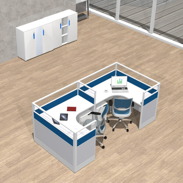 cubicle office workstation desk with partition in white and blue color for 2 person