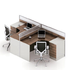 L shape office workstation desk with aluminium section and side small cabinet in coffee and piano white color for 2 person