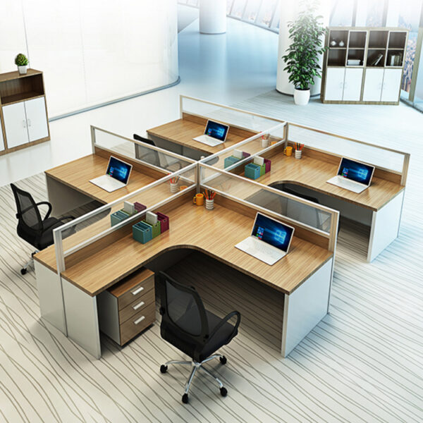 4 seater office workstation desk with mobile cabinet in natural oak and white color