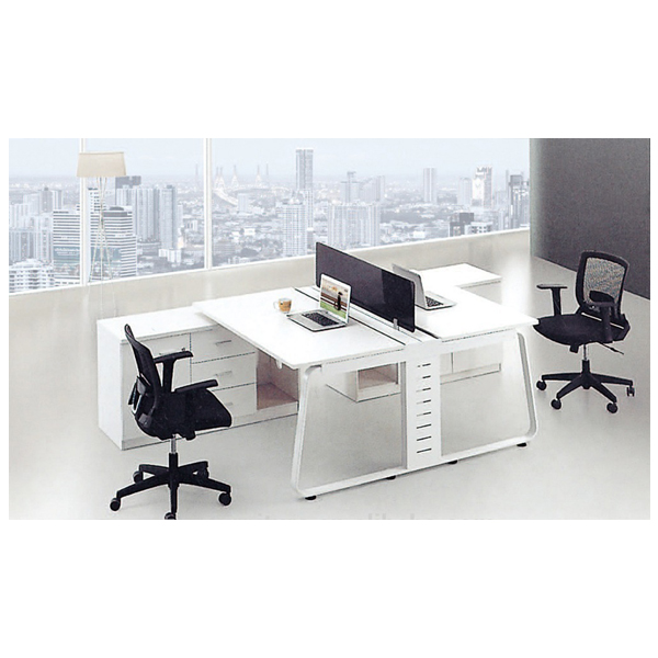 melamine office workstation desk with aluminium frame and side table in piano white color for 2 person