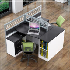 melamine board office workstation with aluminium section and side storage box and 3 drawers in piano white and black color for 2 person