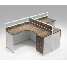 L shape office workstation with 3 drawers in walnut and piano white color for 2 person