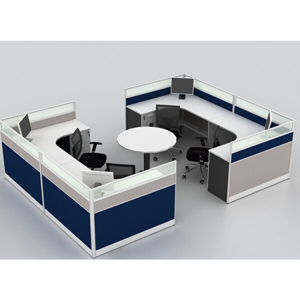 cubicle shape office workstation with round discussion table in white and blue color