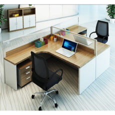 L shape office workstation desk in curved design with under desk drawer for 2 person
