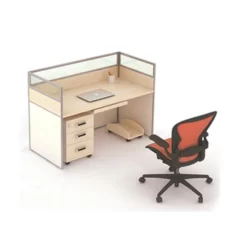 simple office workstation with mobile cabinet and movable CPU tray in natural white oak color for single person