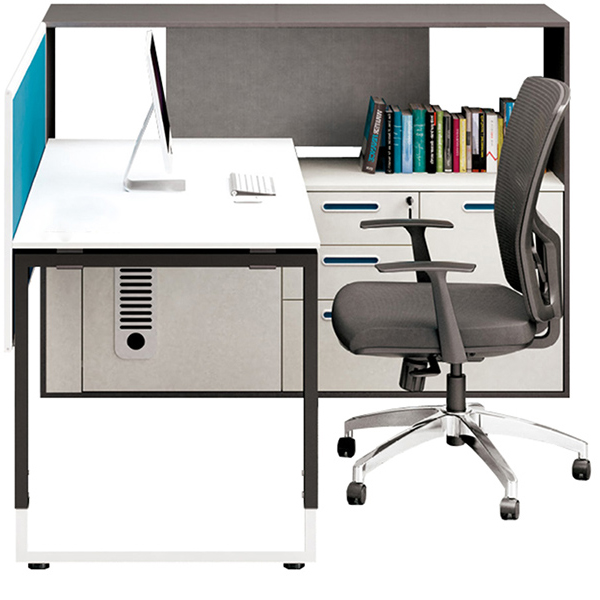 1 seater office workstation desk with side cabinet in piano white and blue color
