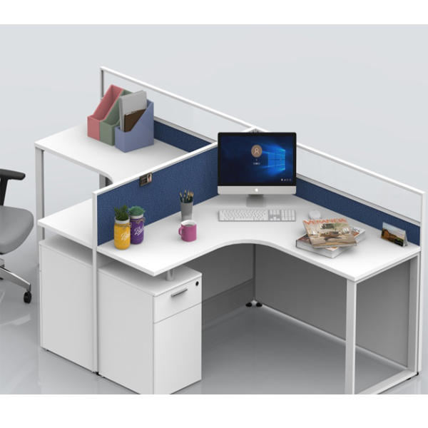 Wooden L shape modern office workstation with partition in piano white and blue color for 2 person