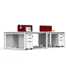 modern open style office workstation with mobile cabinet in piano white and red color for 4 person