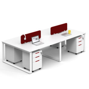 wooden modern open style office workstation with mobile cabinet in piano white and red color for 4 person