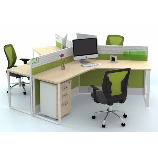 3 seater workstation with wide table top and mobile cabinet in natural white oak and light green color