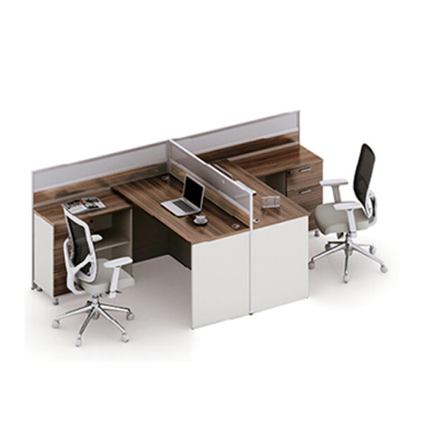 L shape workstation with side cabinet and storage box in piano white and coffee color for 2 person