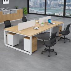 open style office workstation with mobile cabinet in natural white oak and white color for 4 person
