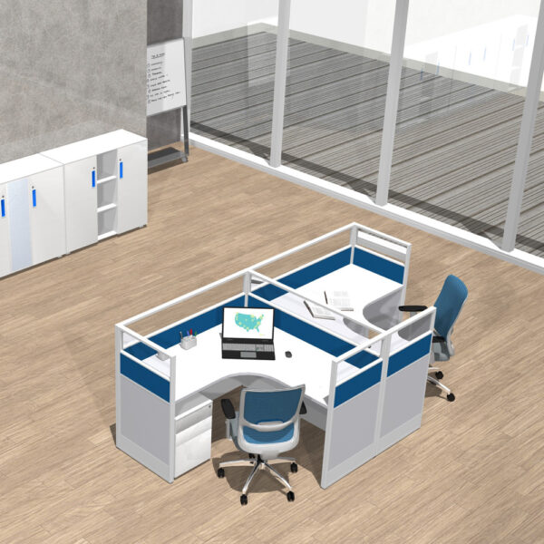 cubicle shape office workstation with glass and board partition in piano white and blue color for 2 person
