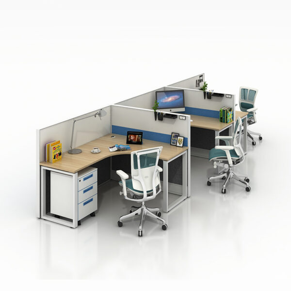 I shape office workstation desk with mobile cabinet for 3 person
