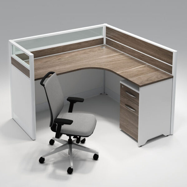 L shape office workstation desk with 2 drawers in piano white and dark brown color for single person