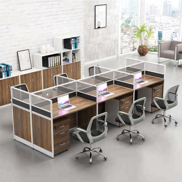 I shape office workstation with drawers in oak patch color for 6 person
