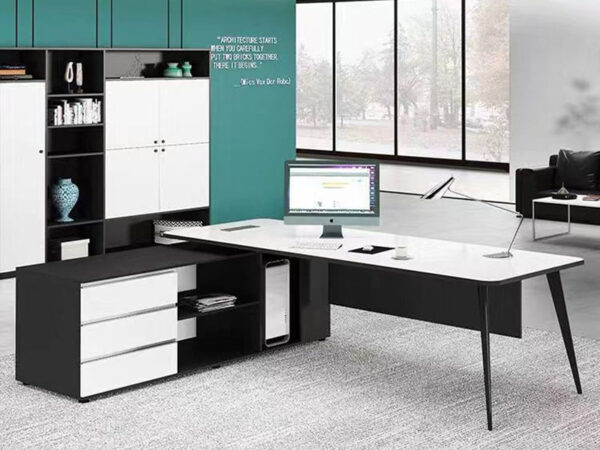 L shape classy office desk in black and white color for manager