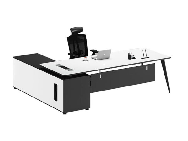L shape classy office desk in black and white color for manager