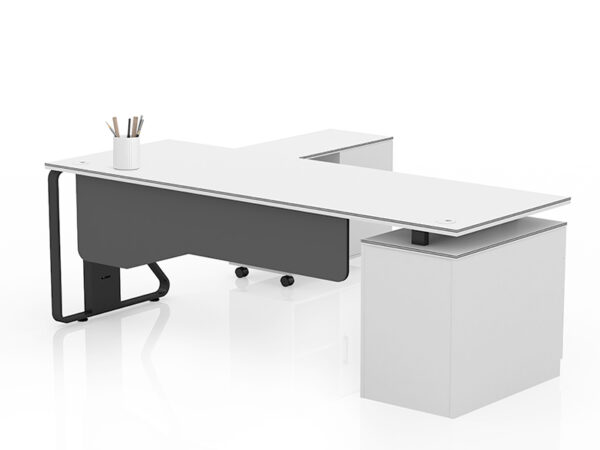 Black and white office desk with metal frame for manager